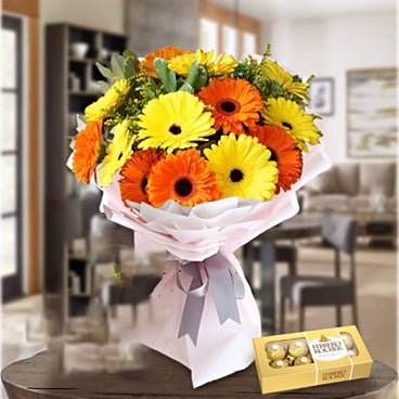 Gerberas and Ferrero Rocher flowers and chocolate gift arrangement