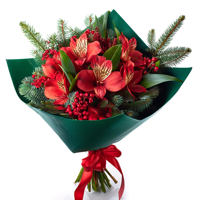Scarlet and Fern Holiday Bouquet, bouquet for flower delivery to Saudi Arabia