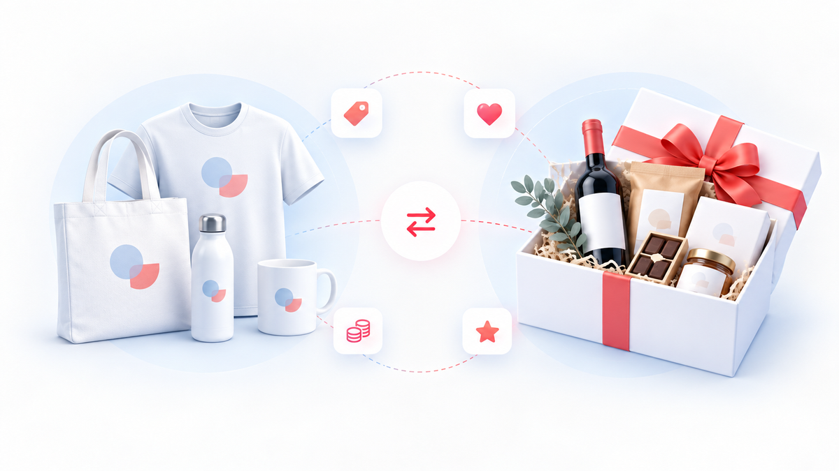 Editorial illustration comparing branded swag items with a premium gift box for corporate gifting, employee recognition, and client appreciation.