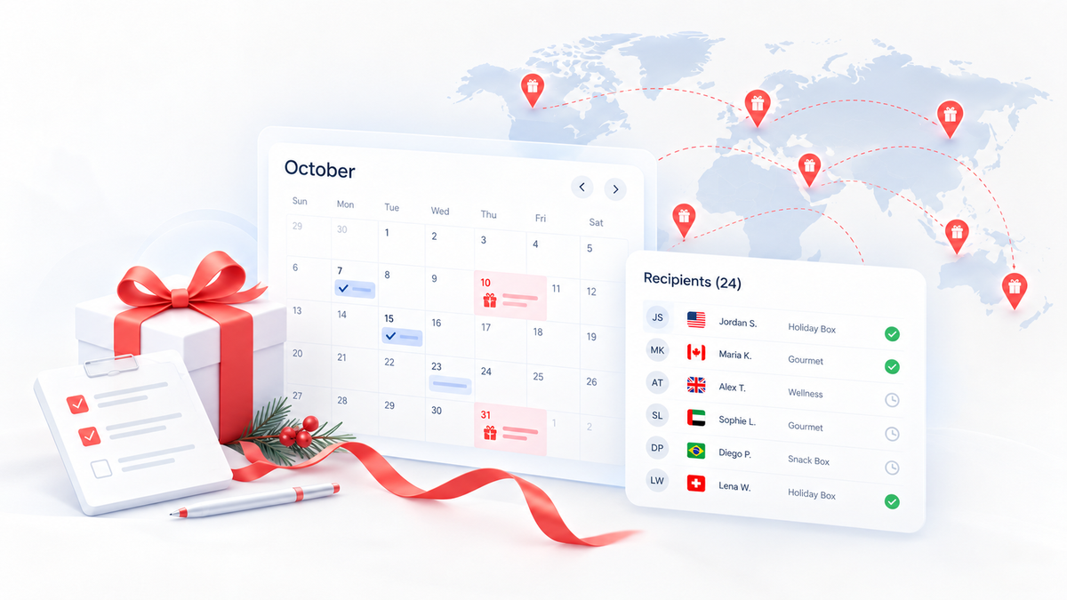 SaaS-style illustration of an October holiday gifting planner with recipient list, calendar, and global delivery routes.
