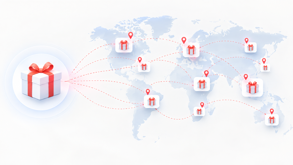 Illustration showing one gift source connected to multiple destinations worldwide, representing global corporate gifting that scales from one recipient to many.