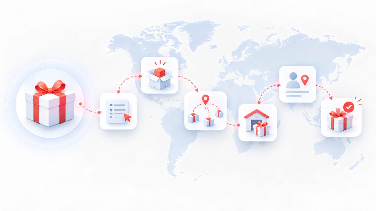 Process illustration showing how local fulfillment works in international corporate gifting, from order intake to delivery confirmation.