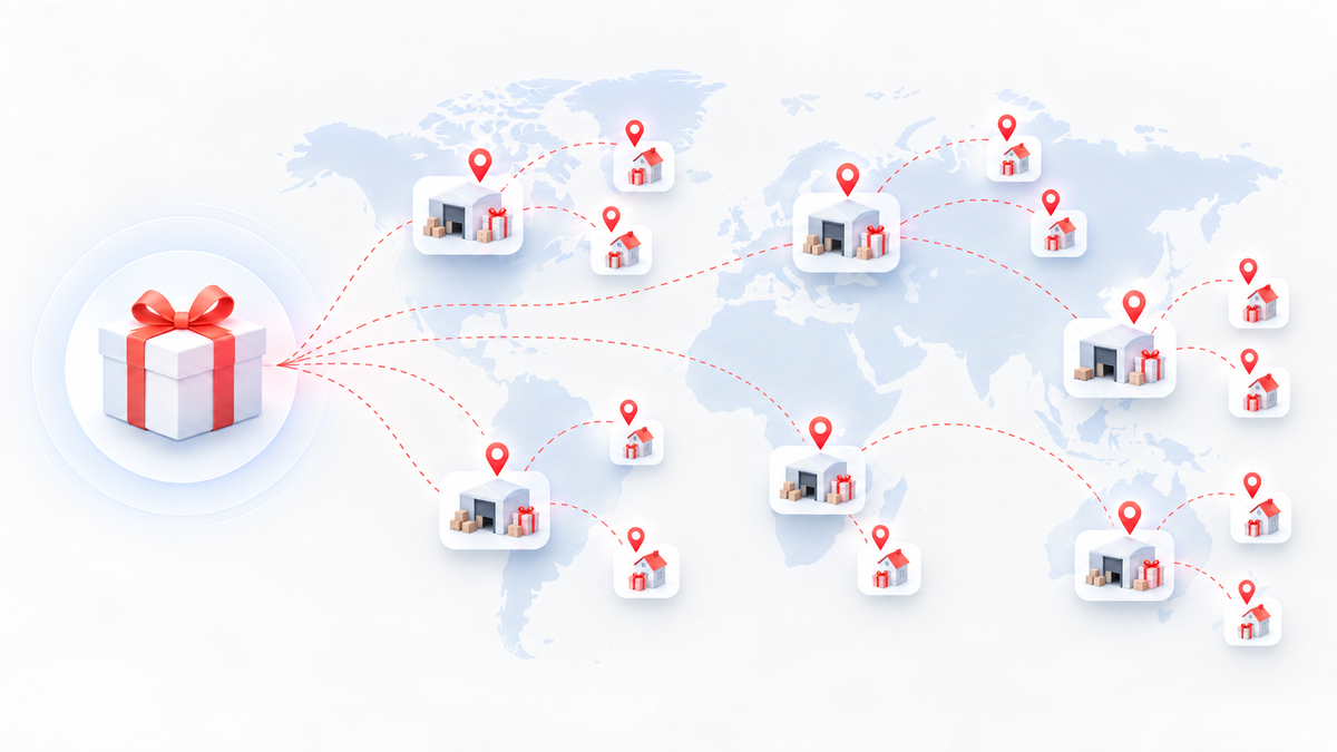 World map illustration showing international gift delivery supported by local and regional fulfillment hubs across multiple countries.