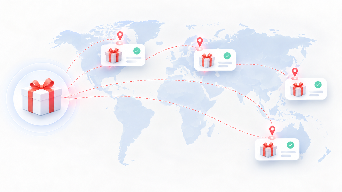 World map illustration showing real global gift deliveries across multiple countries with completed delivery markers.