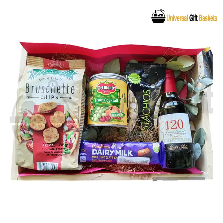 Seasonal Wish Box gift featuring wine, chocolates, gourmet snacks and nuts
