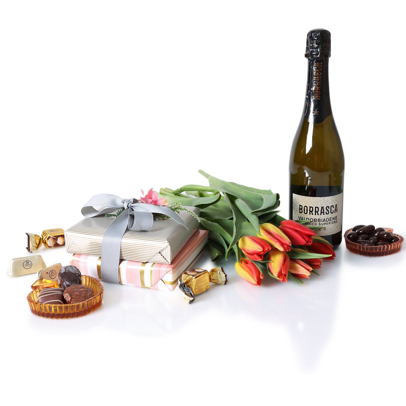 Prosecco, Chocolate & Red Tulips Gift gift basket