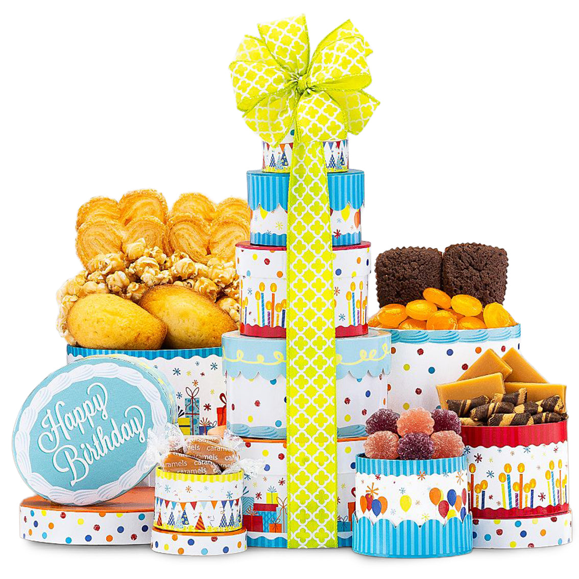 Distinctive Birthday Layered Treats Gift Tower gift available for delivery in the United States