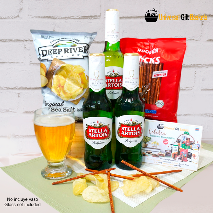 Stella Artois Salty Basket gift featuring beer and gourmet snacks