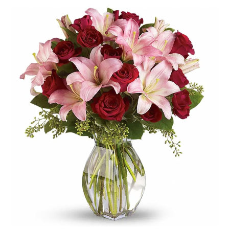 Bouquet of Pink Lilies, Red Roses and Waxflower with greenery;