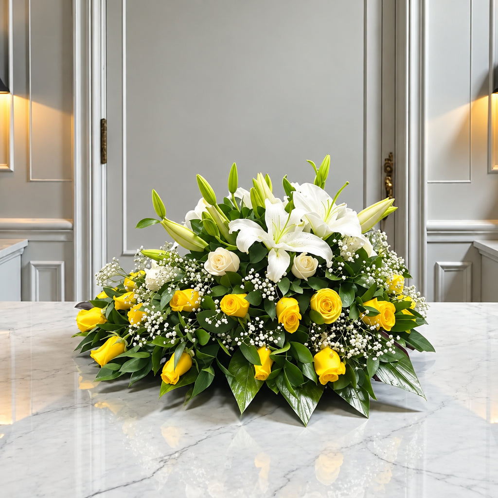 Tribute to Purity white and yellow condolence flower arrangement
