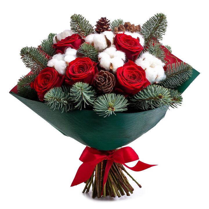 Winter Charm Pine and Rose Bouquet flowers for delivery in Saudi Arabia