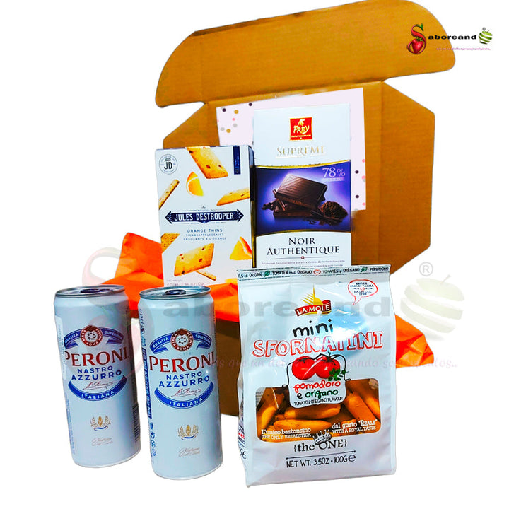 Mini beer basket gift featuring wine, beer, chocolates and gourmet snacks