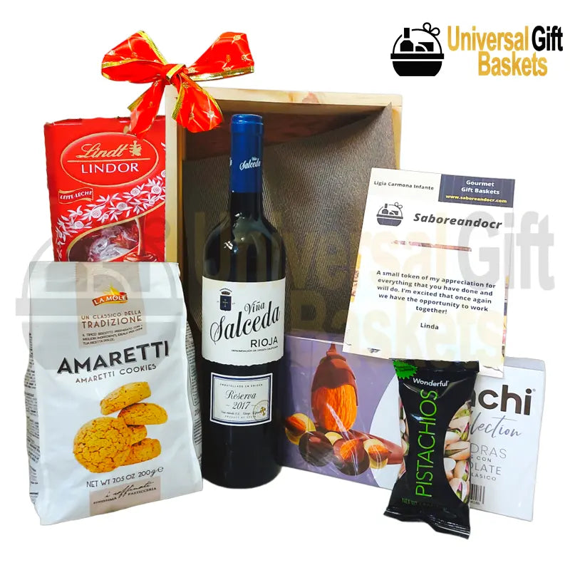 Wine basket with chocolate, cookies, and nuts, Costa Rica Universal Gift Baskets