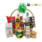 Wish Basket gift featuring wine, chocolates, gourmet snacks and nuts