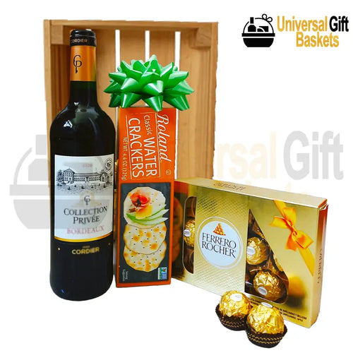 Elegant Celebration gift featuring wine, chocolates and gourmet snacks