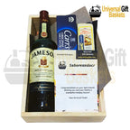 Irish Whiskey Picnic gift featuring whisky, gourmet snacks and cheese