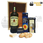 Irish Whiskey Picnic gift featuring whisky, gourmet snacks and cheese