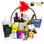 Triple Delight Gift Assortment gift featuring wine, chocolates, gourmet snacks and nuts