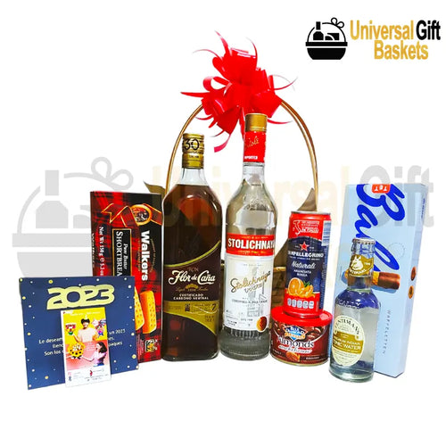 Duo Party Basket gift featuring vodka and rum, chocolates, gourmet snacks and nuts